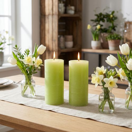 Stumpenkerzen durchgefärbt Lime Grün 85×150mm 2er-Set für Innenbereich | Floristik24.ch