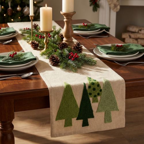 Tischläufer Weihnachten Tannenbäume Beige Grün 140x41,5cm | Floristik24.ch