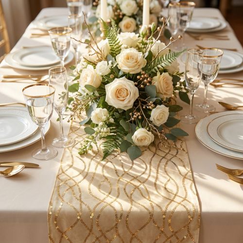 Tischläufer Samtoptik Beige Gold Kettenmuster 28x270cm | Floristik24.ch