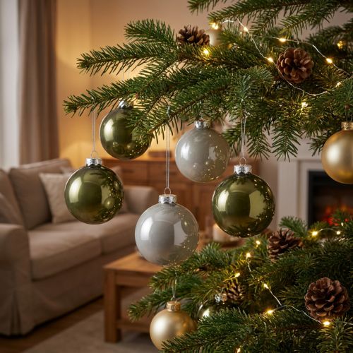 Weihnachtskugeln aus Glas Olivgrün und Silbergrau Ø 7,5 cm 12 Stück | Floristik24.ch