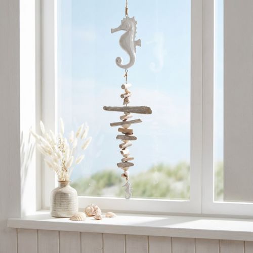 Maritime Deko-Girlande aus Treibholz mit Seepferdchen und Muscheln, Weiss, 55 cm | Floristik24.ch