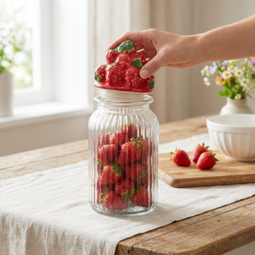 Bonboniere Glas mit Keramikdeckel Erdbeer-Motiv Ø10,5cm H26cm | Floristik24.ch