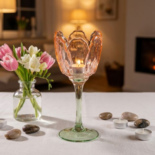 Artikel Teelichthalter aus Glas, tulpenförmig, 20 cm Höhe, orangefarbig, Wohn- und Tischdekoration
