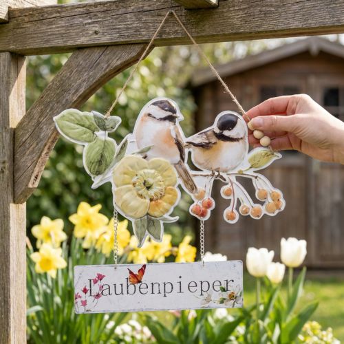 Dekohänger Frühling mit Vogelmotiv und Schriftzug Laubenpieper, Metall, Holz und Jute, ca. 37 cm | Floristik24.ch