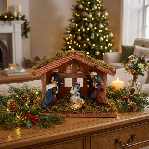 Weihnachtskrippe aus Holz und Moos mit Figuren, 20 x 9 x 14 cm, rotbraun | Floristik24.ch