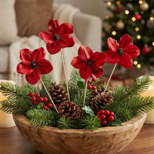 Holzblüte Rot auf Holzstab 45 cm, Ø 9-12 cm, 15 Stück für Dekoration | Floristik24.ch