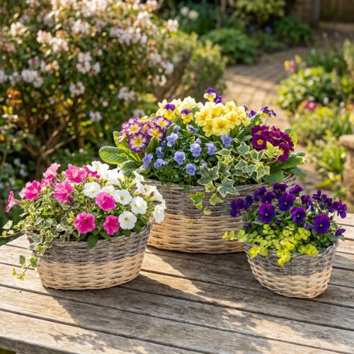Weiden-Pflanzschalen-Set 3-teilig, 29/33/38 cm, Natur/Grau, Shabby Chic | Floristik24.ch
