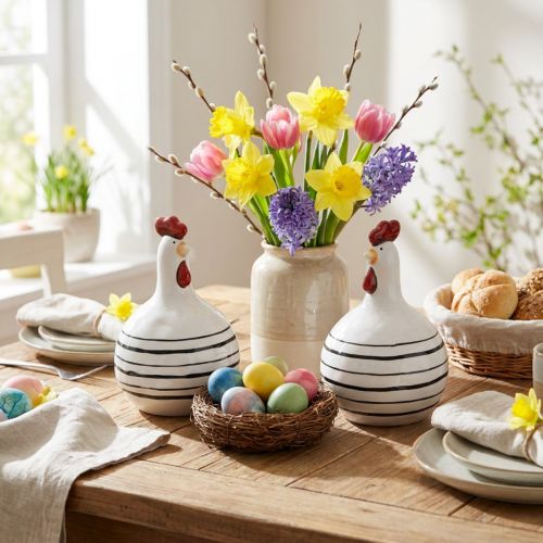 Dekofigur Hühner Keramik Schwarz-Weiss Ø11cm H17cm 2er-Set Ostern | Floristik24.ch