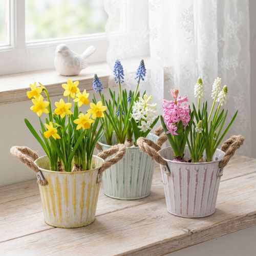 Pflanzgefäss-Set aus Metall mit Jutegriffen, Ø12cm, Rosa/Grün/Gelb, 3-teilig | Floristik24.ch