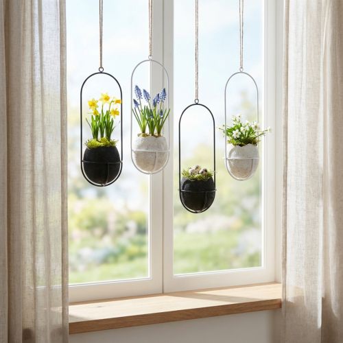 Osterdeko Hänger, Metallrahmen mit Eierschale, Bepflanzbar Ø5,5cm, Weiss und Schwarz, 24cm, Set 4 | Floristik24.ch