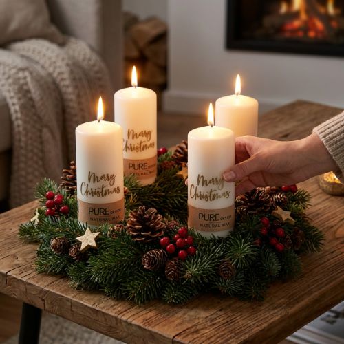 Weihnachts-Stumpenkerzen 4er-Set aus Naturwachs, 60x130mm, Weiss-Gold | Floristik24.ch
