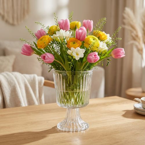 Glasvase mit Fuß Deko Glaspokal geriffelt Ø13cm H19cm | Floristik24.ch