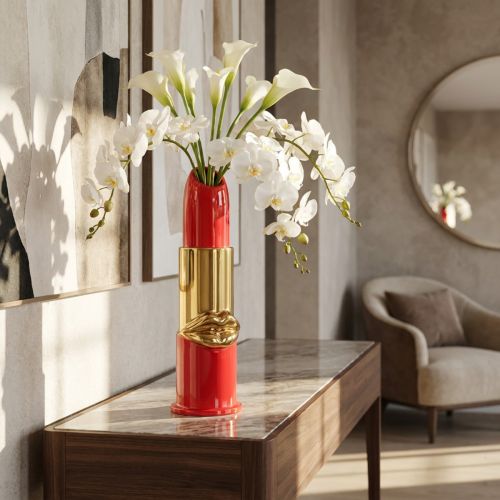 Artikel Deko-Vase Lippenstift-Design aus Keramik Rot und Gold 38 cm