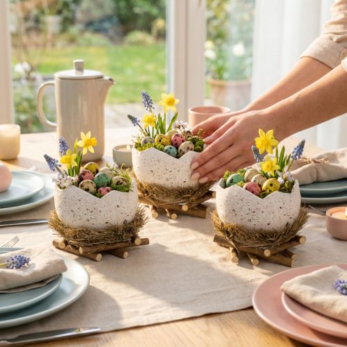 Osternest Schale aus Holz, Heu und Kunststoff in Eioptik, 11 cm, weiss-grau, 4er-Set für Frühlings- und Osterdekoration | Floristik24.ch