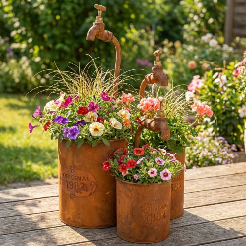 Übertopf Edelrost Deko Metall Mit Wasserhahn H25/37/43cm Set von 3 St | Floristik24.ch