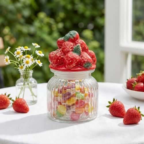 Bonboniere Glas mit Deckel Erdbeeren gerippt Ø11cm H18cm | Floristik24.ch