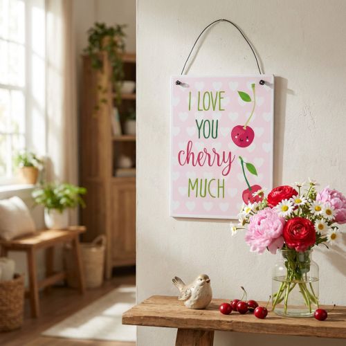 Artikel Schild zum Aufhängen aus Metall 17x12cm 4er Set Kirsche Weiss Rosa