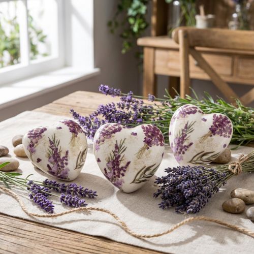 Artikel Keramik Herz Lavendel-Motiv Ø8,5 cm 3 Stück – Tischdeko im Vintage-Stil