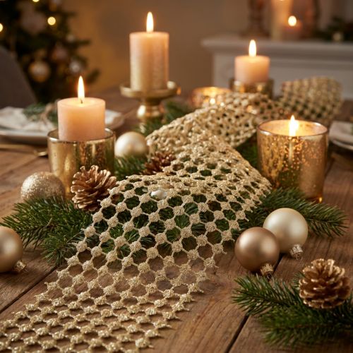 Artikel Tischband aus Kunststoffnetz mit Glitzerfäden in Gold-Creme, Breite 19 cm, Länge 1,5 m