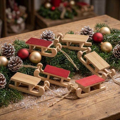 Miniatur-Holzschlitten, Rot-Natur, 4 x 8,5 cm, 6er-Set | Floristik24.ch