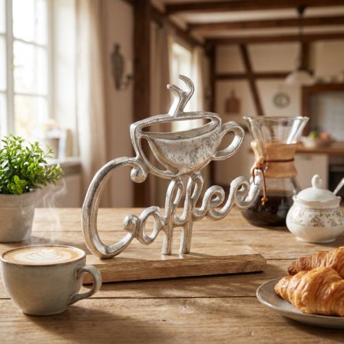 Metall-Deko Coffee Silber mit Holzsockel 17,5x5x18 cm | Floristik24.ch