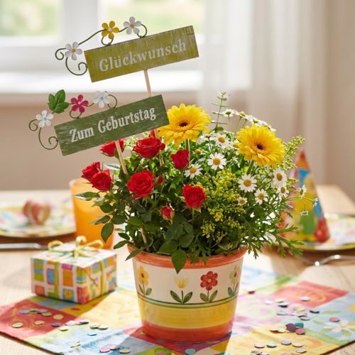 Holzstecker-Set mit Metallblumenranke, 40cm, 6-teilig, Grün-Weiss | Floristik24.ch