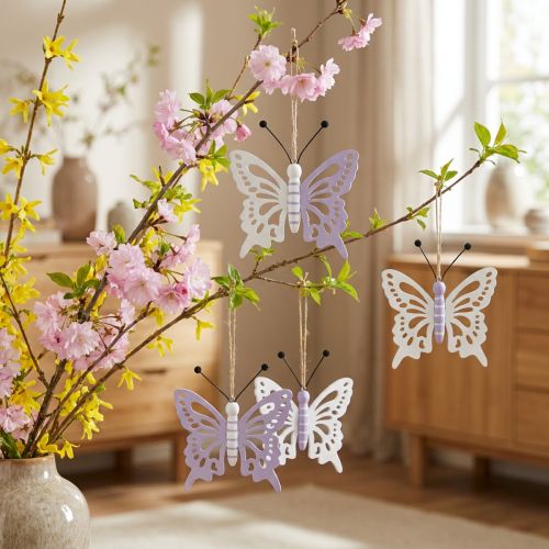 Holz-Dekohänger Schmetterling Lila/Weiss 12×11cm, 4er Set | Floristik24.ch