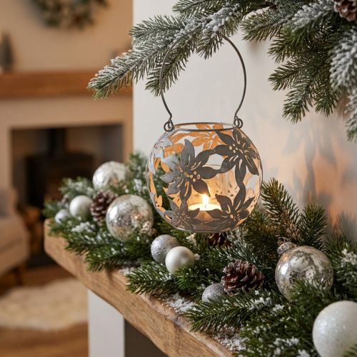 Windlicht aus Metall mit floralem Muster, Grau, Ø14cm, H13cm | Floristik24.ch