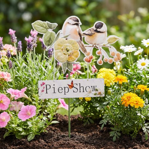 Gartenstecker Metall Vögel mit Blüte und Schriftzug 76cm Grün-Bunt | Floristik24.ch