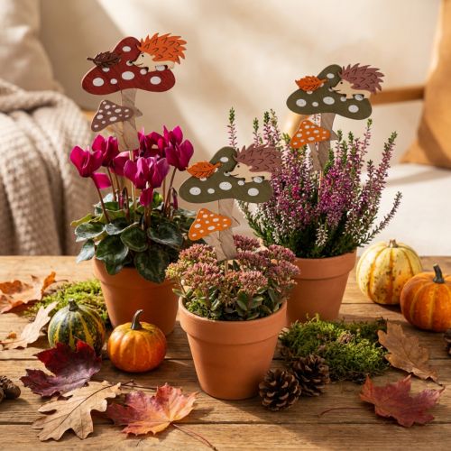 Blumenstecker aus Holz mit Igel und Fliegenpilz-Motiv, Herbstdeko, 8cm, 12 Stück | Floristik24.ch