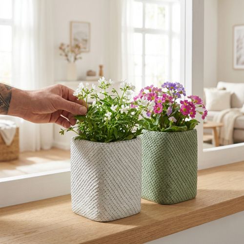 Keramik-Übertopf Reliefnetz Weiss und Grün 12x12x17,5 cm 2er-Set | Floristik24.ch