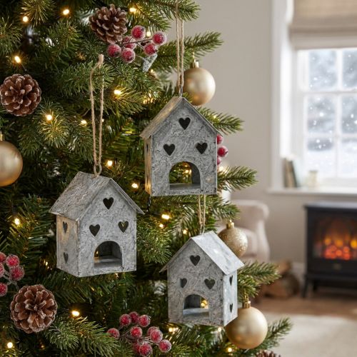 Weihnachtsanhänger Haus aus Metall 9,5cm Shabby Chic, 3 Stück, Grau-Weiss | Floristik24.ch