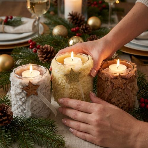 Windlichter Glas mit Kunstfell und Stern, H12cm Ø9,5cm, 3-tlg., Beige, Grau, Braun | Floristik24.ch
