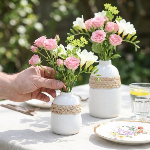 Blumenvase Keramik Weiss mit Seegrasband H10,5cm 2 Stück | Floristik24.ch