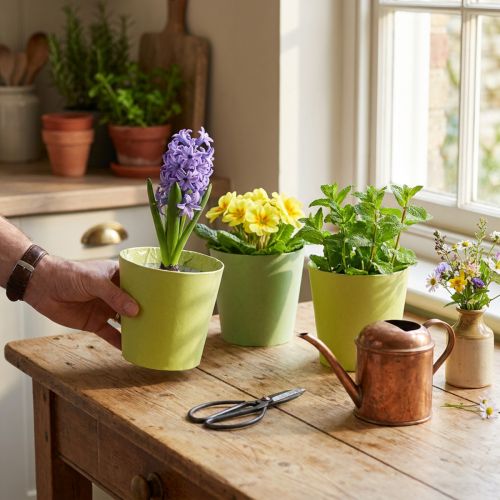 Papier-Übertopf mit Folie, Pflanzgefäss Ø13cm, H12,5cm, Blau/Grün, 4er-Set | Floristik24.ch