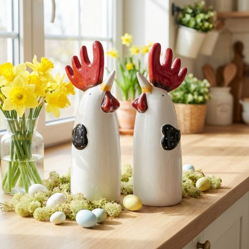 Weisse Keramik-Hahnfiguren 23cm, 2er Set, Dekoration für Küche und Wohnzimmer | Floristik24.ch