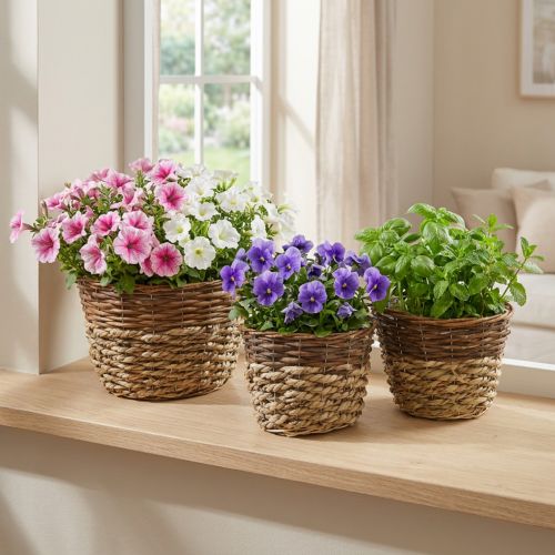 3er-Set Bepflanzbare Naturkörbe aus Schilf und Holz, rund Ø 21/19/16cm H 21/19/16cm, Innenfolie | Floristik24.ch