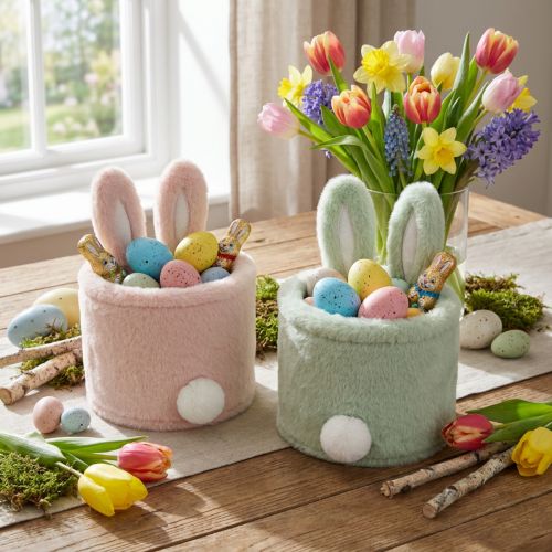 Aufbewahrungskörbchen Hasenohren aus Plüsch, 18 cm, Rosa und Grün, 2er-Set | Floristik24.ch