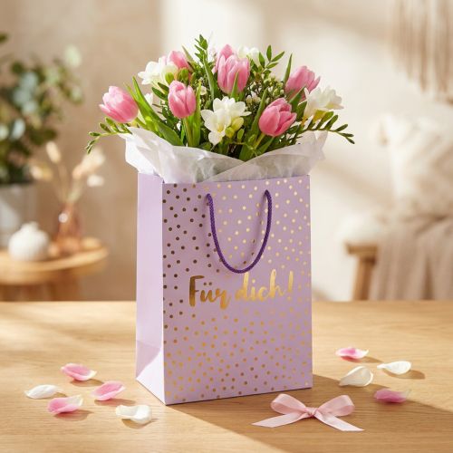 Geschenktüte Papier Lila mit Henkeln und Goldakzenten 18×10×23cm „Für dich!“ 2er-Set | Floristik24.ch
