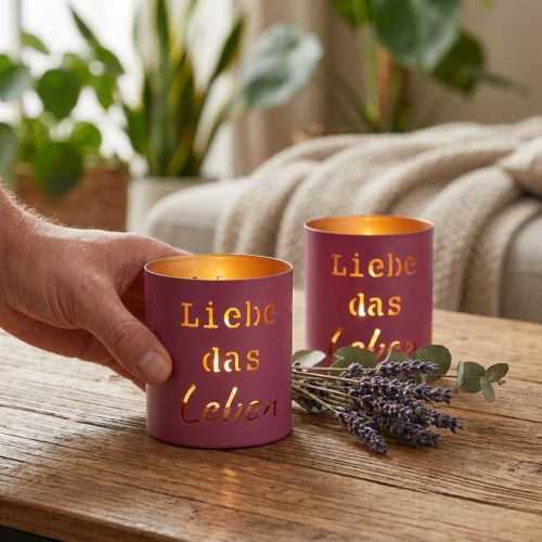 Windlicht Metall mit Schriftzug „Liebe das Leben“ Fuchsia-Gold Ø 9 cm H 10 cm 4 Stück | Floristik24.ch
