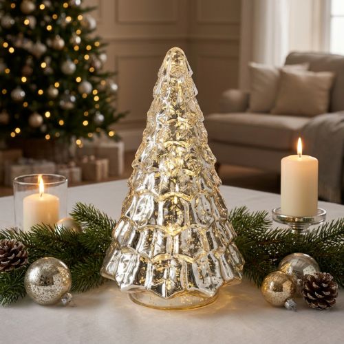 Mini-Weihnachtsbaum aus Glas mit LED Beleuchtung Silber Gold 28 cm | Floristik24.ch