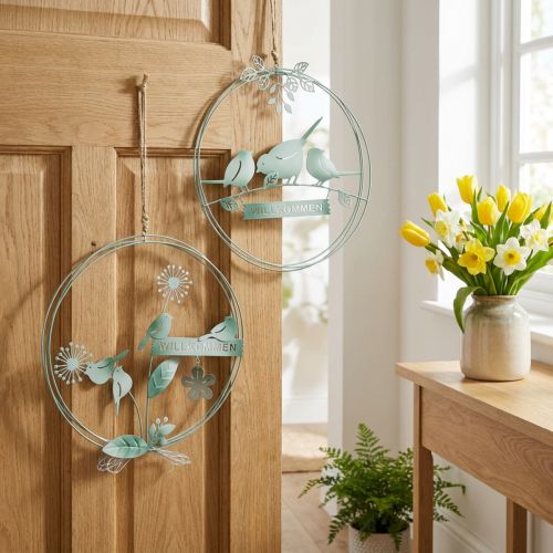 Metall-Dekoringe mit Vogel- und Blumenmotiv, Ø27cm, Grün-Weiss, 2er-Set | Floristik24.ch