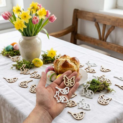 Streudeko Holzfiguren Hasen Hühner Vögel 72 Stück 3–3,5 cm Natur und Weiss Osterdeko | Floristik24.ch