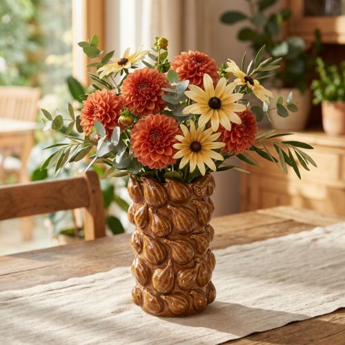 Keramik Blumenvase Ø14cm H22.5cm Braun mit Feigenrelief für Innenraumdekoration | Floristik24.ch