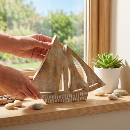 Segelboot aus Naturholz, Weiss, 23 cm hoch, Maritime Dekoration | Floristik24.ch