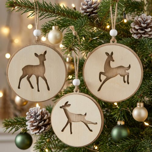 Holzanhänger Rehe Ø9,5cm, natur und weiss, 6-teilig | Floristik24.ch