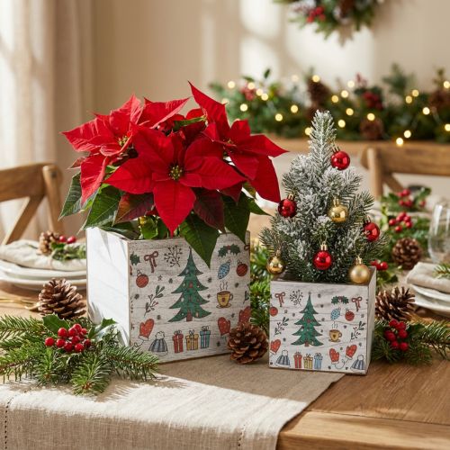 Pflanzgefäss Holz quadratisch 20×20cm und 15×15cm Weiss gewaschen mit Weihnachtsmotiv 2er-Set | Floristik24.ch