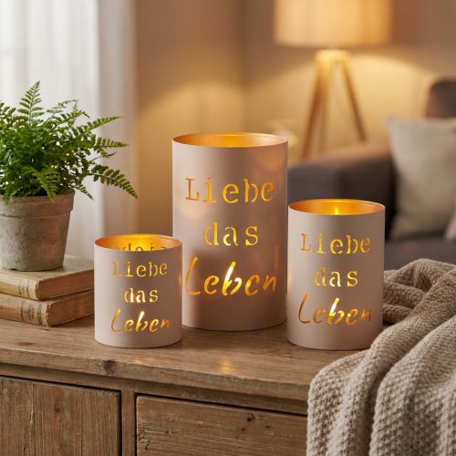 Artikel Windlicht-Set Liebe das Leben Metall Beige Gold Ø13/10,5/9cm 3 Stück