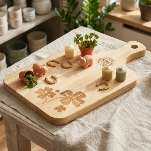 Deko-Schneidebrett aus Mangoholz mit Kleeblatt-Motiv 38×22cm Natur | Floristik24.ch