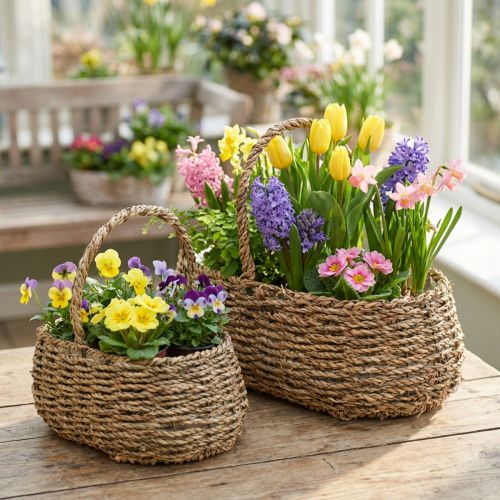 Pflanzkorb 2er-Set aus Naturmaterial mit Griffen, Innenfolie und Masse 23/35 cm – Dekoration und Bepflanzung | Floristik24.ch